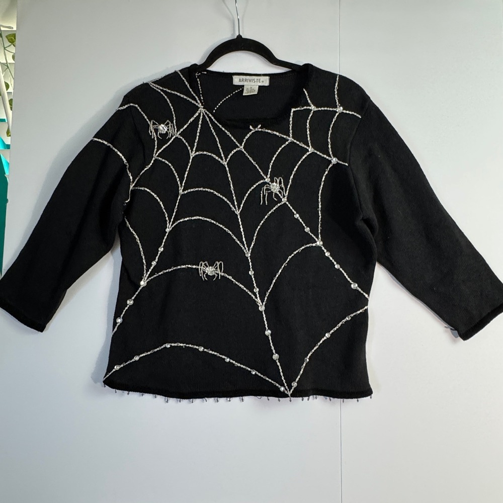 Arriviste Womens Spider Web Beaded Sweater Black Gothic Halloween Novelty Medium